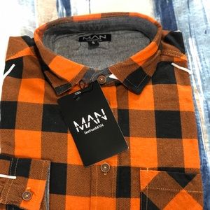 Boohoo Men Orange Longline Flannel, Size s